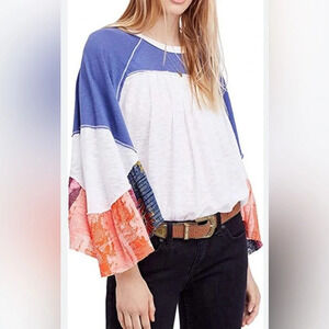 We the Free white and blue top with fun sleeves size small